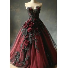 Dark Red And Black Gothic Wedding Dresses Rose Flowers Lace Vintage Bridal Gown