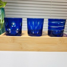 Set of 3 Cobalt Blue Cut Glass Votive Candle Holders Mixed Patterns