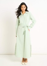 Green Long Sleeves Seersucker Stripe Shirt Dress
