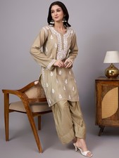 Women's Chanderi Chikankari Kurta Farshi Salwar Set Mehndi Green, Ethnic Set