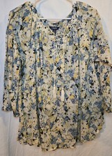 Chaps Women Cotton Linen Floral 3/4 Sleeve Tassel String Pullover Top Size XL 