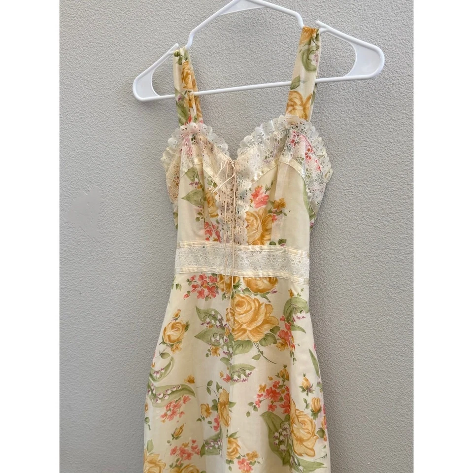 Maxi Vestido Floral Vintage Años 70 Marfil Rosa Encaje Cuello Corazón Para Mujer Talla S Foto 4 de 4