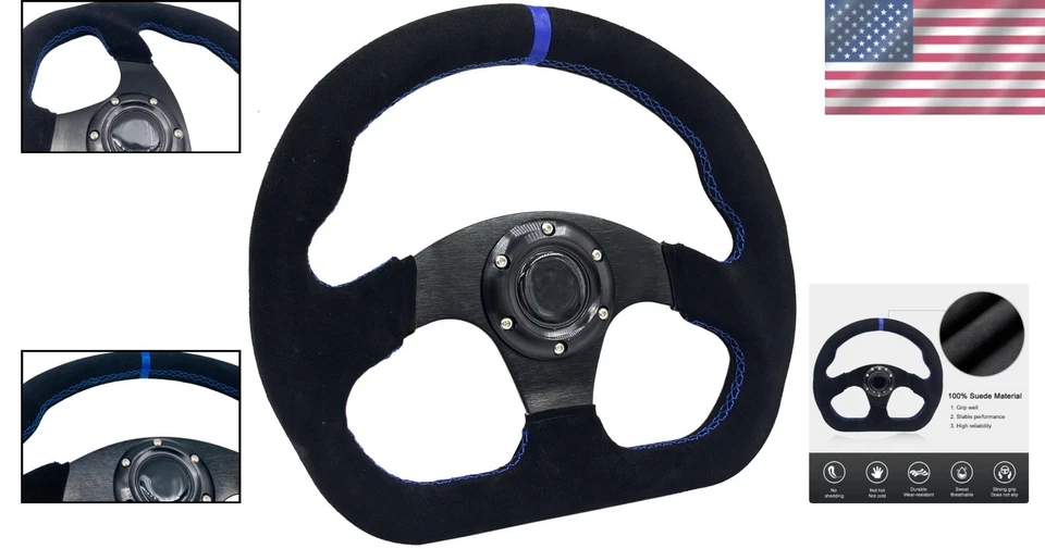 Premium 320mm Suede Leather Racing Steering Wheel with Blue Stitch and Horn - Image 2 of 4