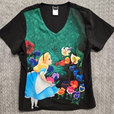 Disney Alice in Wonderland Graphic Scrub Top Women's Medium Black V-Neck Pockets