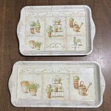 2 Vtg Keller Charles Melamine Serving Trays Made Italy Garden Theme Botanic EUC