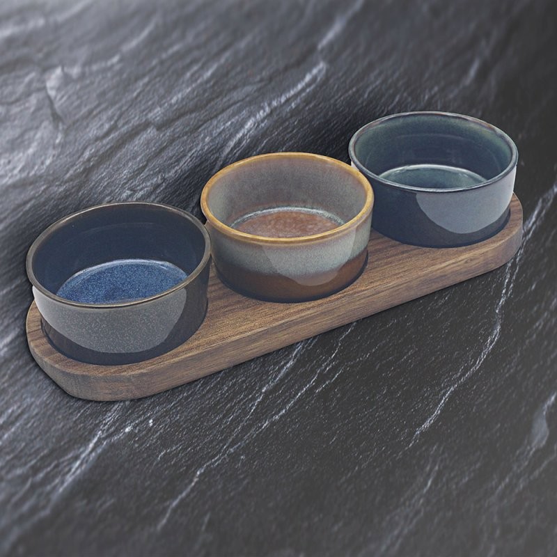 Snack Dishes 3pc Round Ceramic Dip Sauce Bowls Wooden Charcuterie Serving Tray