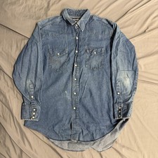 Vtg Wrangler Shirt Mens 17-33 Denim X-Long Tails Pearl Snap Western USA XL READ
