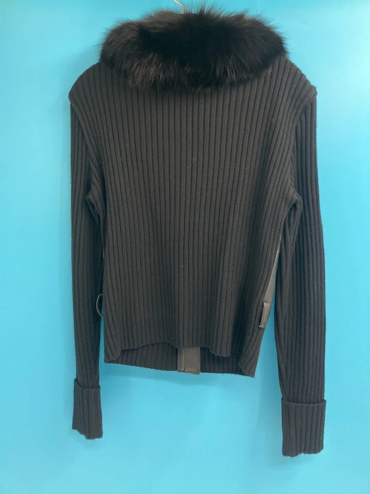 Cache Womens Black Leather- Wool Sleeve- Fox Fur Trimmed Jacket (size M) - Image 2 of 4