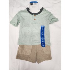 Members Mark Boys 2T Playwear Set Mint Green Henley Shirt and Tan Shorts NEW