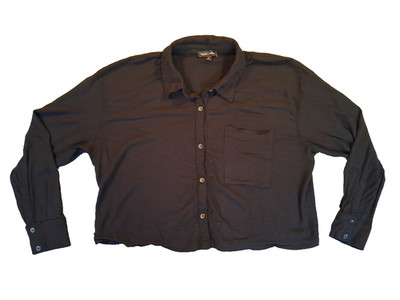 Moa Moa Womens Long-Sleeve Cropped Blouse Top Button collared Black Size XL
