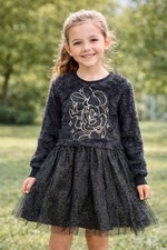 Disney Minnie Mouse Girls Black Fuzzy Dress Glitter Tulle Skirt Long Sleeve NWT