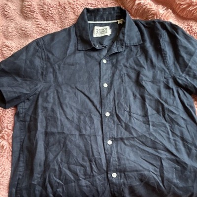 Scotch & Soda Men's Large Short Sleeve Button-Up Camp Shirt Casual Navy Blue