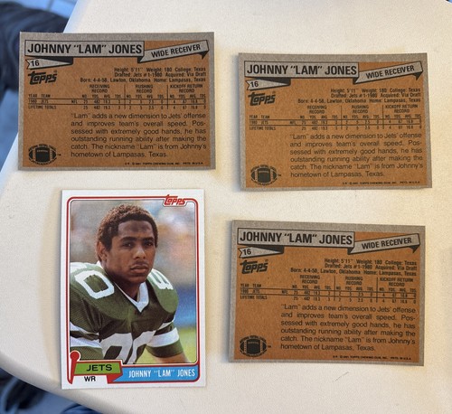 Johnny "Lam" Jones 1981 Topps #16 New York Jets Texas Longhorns 4 Rookie Cards - Picture 2 of 2
