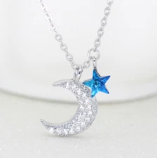 Women 925 Sterling Silver Crescent Moon Star CZ Pendant Necklace Gift Box K97