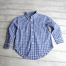 Chaps Boy's Button Down Casual Dress Shirt Size 4 4T Blue White Gingham Plaid