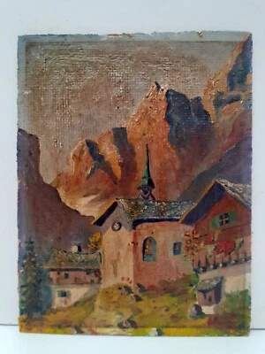 Huile sur Panneau bois 21 x 16 cm - signé- Peinture Tableau Paysage Montagne - Photo 1/4