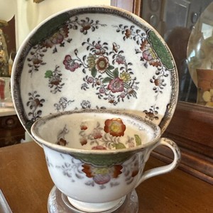 Kaolin Ware Bohemia  Floral Tea Cup & Saucer, c1818-46, Multicolored
