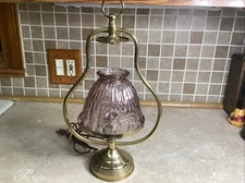 vintage FAIRY LAMP - Brass Base - Iridescent Amethyst Glass Shade-16” Tall