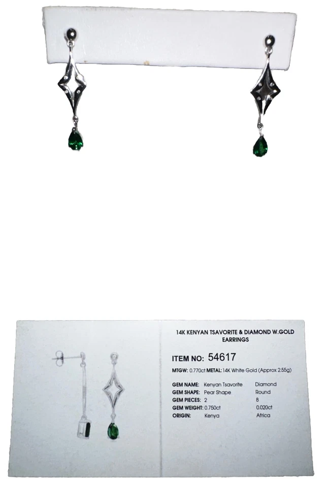 Серьги из белого золота 14 карат с бриллиантами цаворит гранат. Сертификационная карточка. Телевизор Gems - Изображение 2 из 4