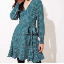 LOFT Polka Dot Wrap Mini Dress sz 14 Green/White Long Sleeves Boho Ruffle Hem