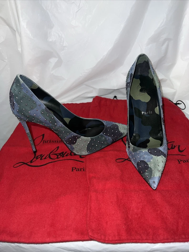 Christian Louboutin Kate Plume 100 Camo Blue Green Suede Classic Heel Pump US 7 - Image 2 of 4