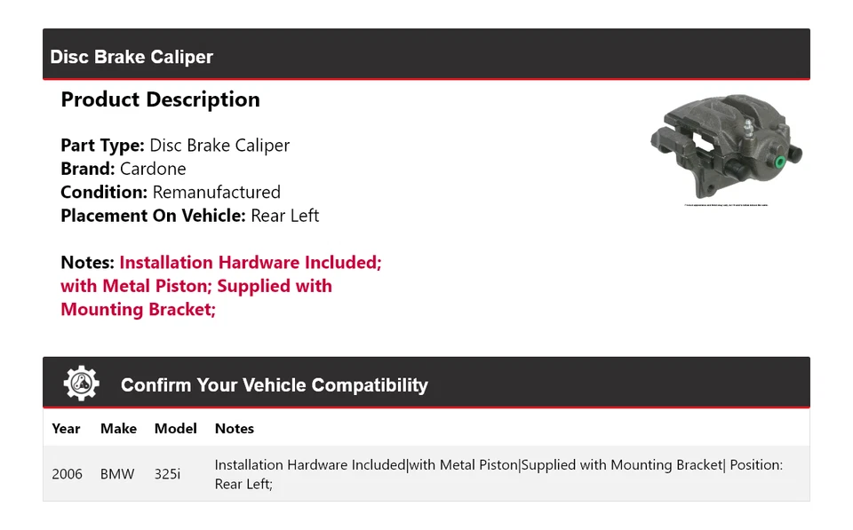 Pinza de freno de disco trasera izquierda cardone BMW 325i 2006 Foto 2 de 4