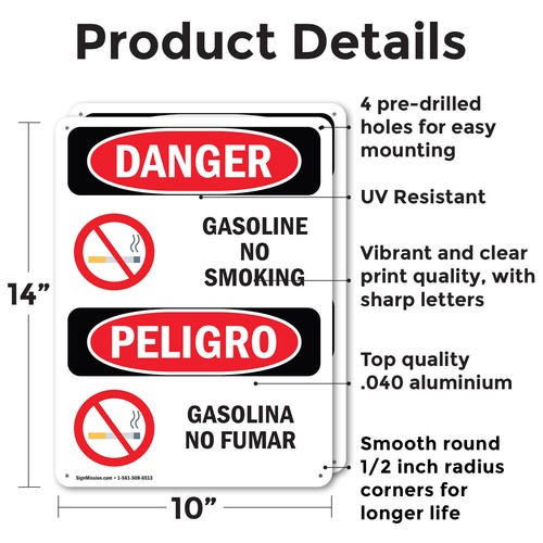 (2 Pack) Gasoline No Smoking Bilingual OSHA Danger Sign Decal Metal Plastic - 第 2/23 張圖片
