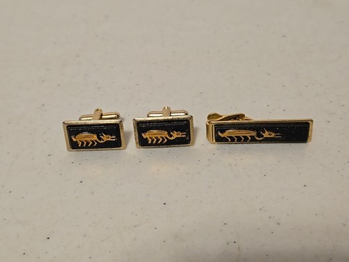 Vintage Herren Manschettenknöpfe & Krawattenschließe goldfarben & schwarz mit seltsamen Tier - Bild 2 von 7