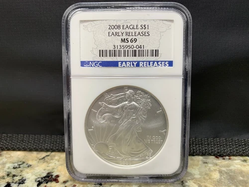 2008 $1 AMERICAN SILVER EAGLE NGC MS69 EARLY RELEASES BLUE LABEL