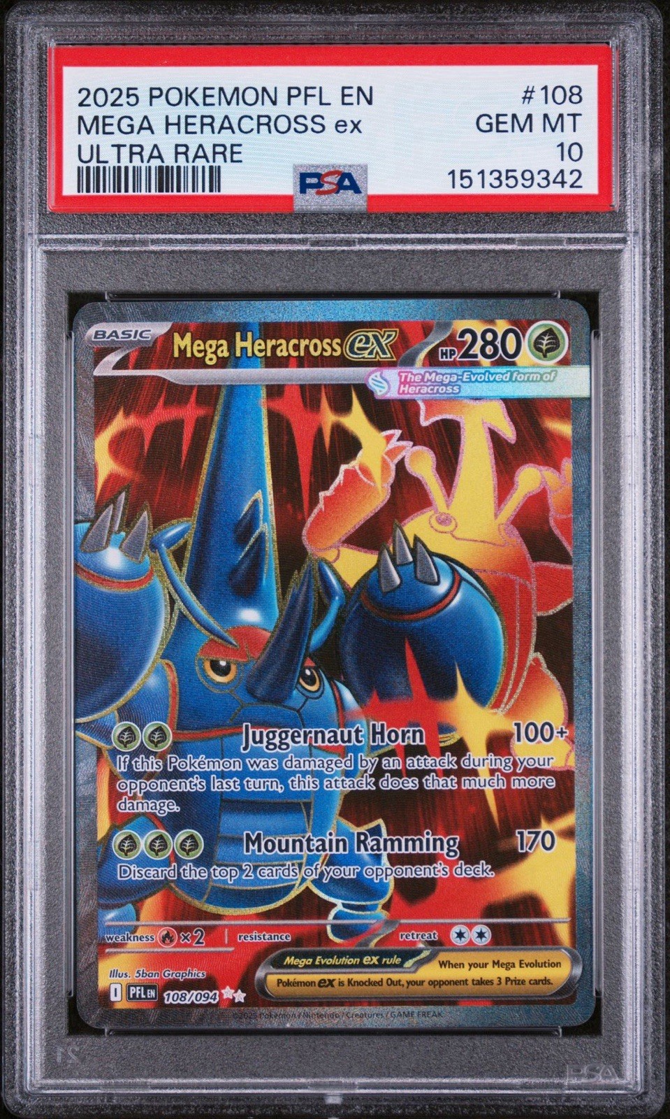 PSA 10 #108 MEGA HERACROSS EX 2025 POKEMON PFL EN-PHANTASMAL FLAMES ULTRA RARE 