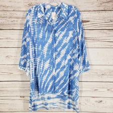 Chico's Women's Blue Deva Button Down Hi- Low Hem 3/4 Sleeve Top Size 2
