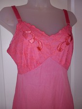 Vintage 50s Pink Nylon Floral Ribbon Lace Embroidery Full Slip Dress Lingerie M