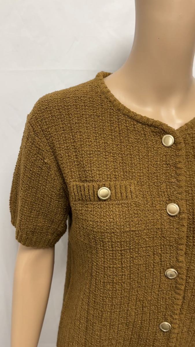 ZARA BROWN TWEED GOLD BUTTON TEXTURED WAFFLE KNIT BOXY SHORT