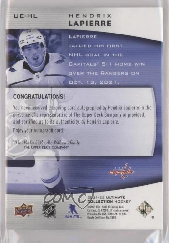 2021 Ultimate Collection Emblems Rookies Hendrix Lapierre #UE-HL Rookie Auto RC - Image 2 of 2