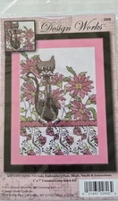 Design Works Counted Cross Stitch Kit Pink FLORAL CAT #2806 5" x 7" Picture NEW