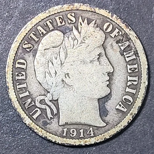 1914 P Barber Dime 90% Silver  Mint Liberty Head USA Coin Full Liberty