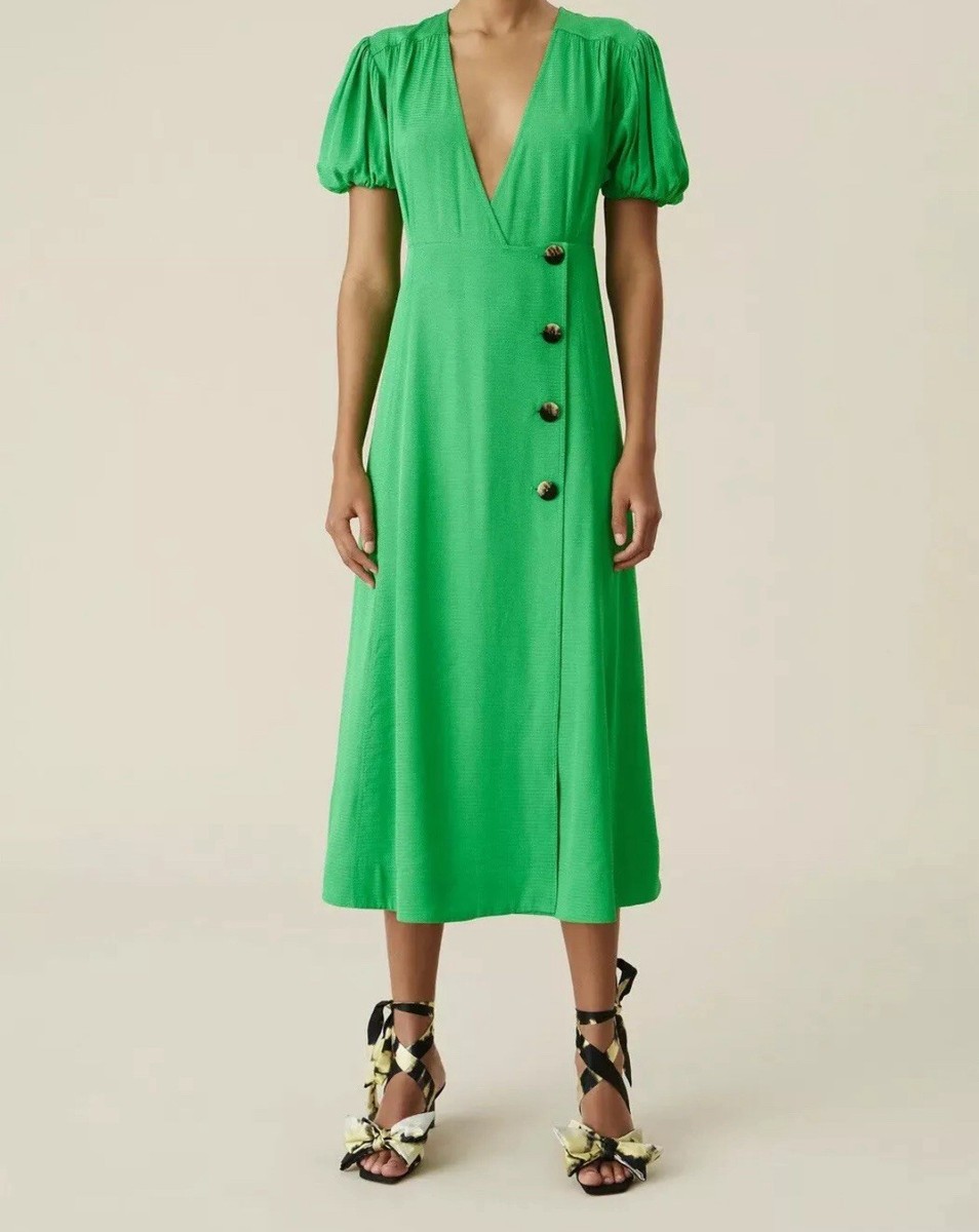 GANNI Kelly Green Ripstop Midi Dress 36 Summer Wedding Puff Sleeve