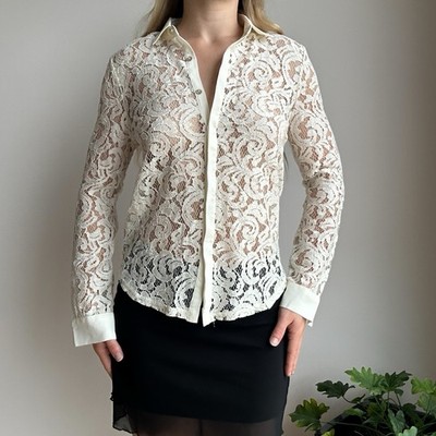 Padini Women s Medium BNWT White Lace Semi Sheer Long Sleeve Button Up Blouse