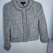 J Crew Metallic Tweed Lady Jacket Size 2 Grey Silver Wool Blend Zip Closure