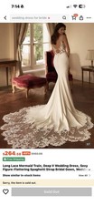 White Lace Applique Mermaid Wedding Dress Deep V Spaghetti Straps Train XS