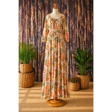 1.STATE Dress Womens M Orange Green Floral Paisley Maxi Boho Off Shoulder