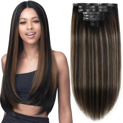 Caliee Seamless Yaki Straight Clip In Hair Extensions Human Hair 22 Inch