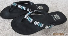 Yellow Box black leather jeweled flip flops 8 sandals VG aqua rhinestones