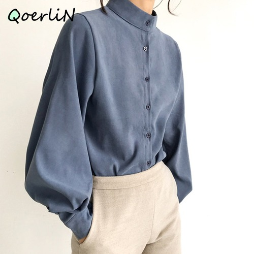 Women Big Lantern Sleeve Blouse Breasted Stand Collar Shirts