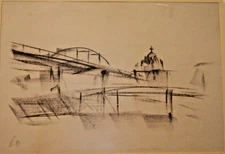 Franz Ehmke *1928-2018 GDR Painter Black-White Drawing Railway Bridge Church