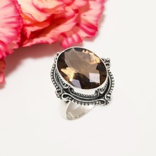 Smoky Quartz Gemstone 925 Sterling Silver Ring Oxidize Jewelry Gift For Mother.