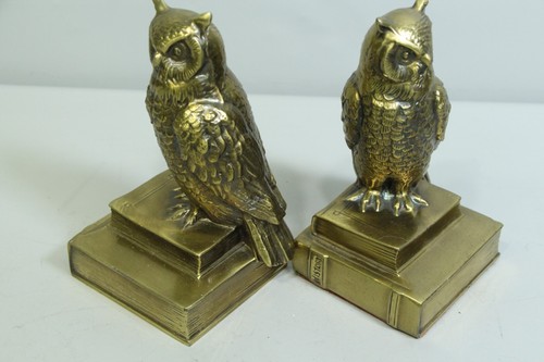 Vintage Cast Brass Owl Figurine Sculpture Bookends Mid-Century Modern 1950's