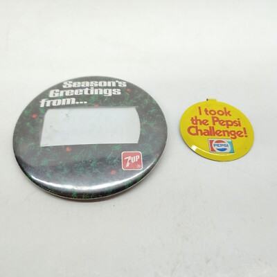 Vintage Season's Greetings From 7Up Name Badge Pepsi Challenge Pins Buttons