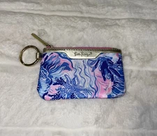 Lilly Pulitzer Wallet Pink & Blue ID Case Shade Seekers Keychain Card Holder NEW