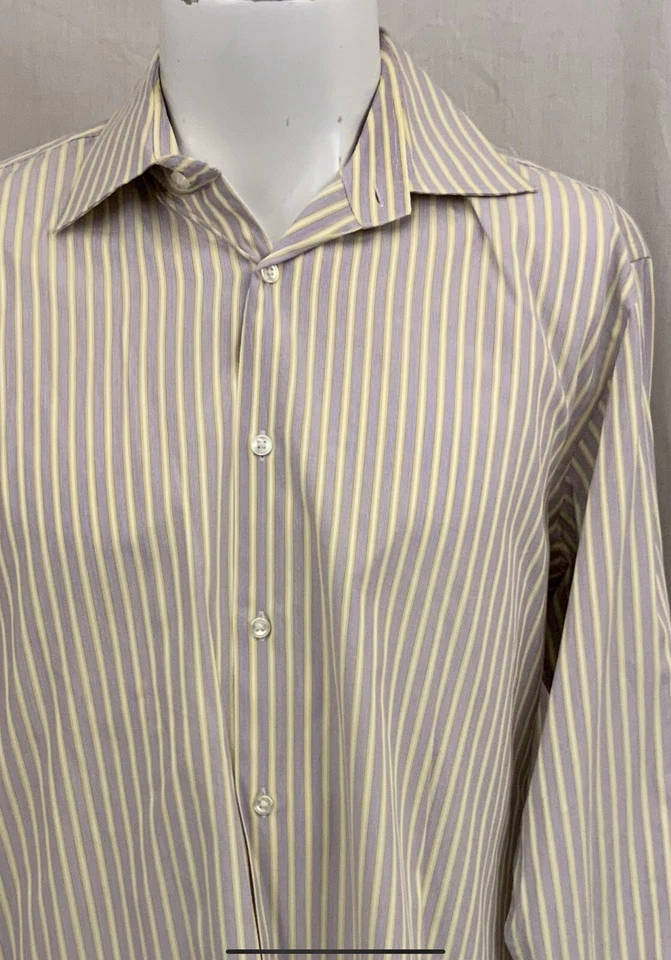 Camisa de vestir Hugo Boss 16 32/33 púrpura amarillo rayas 100 % algodón YGI N2-15 Foto 3 de 4